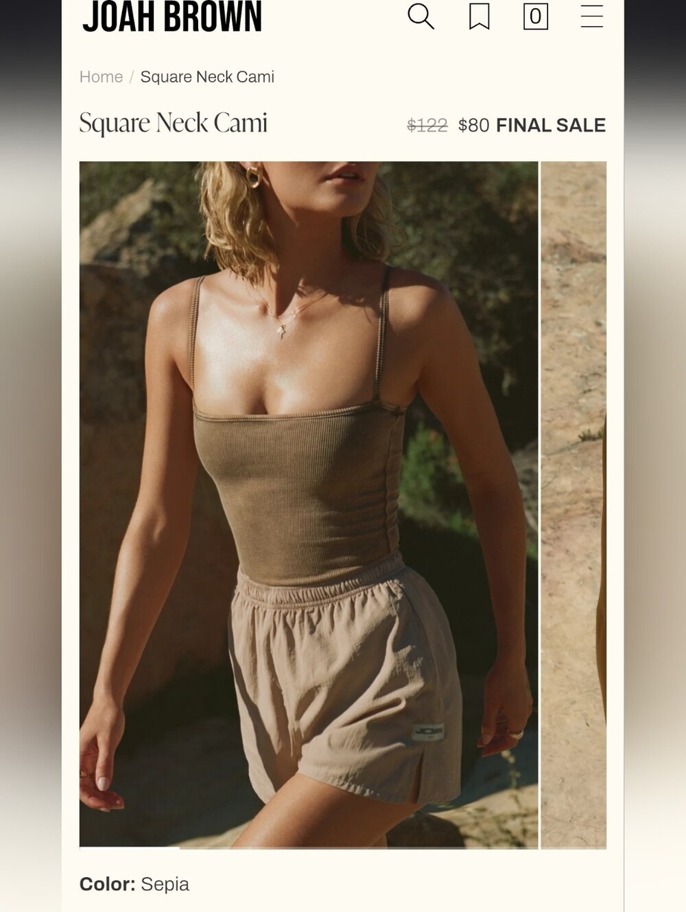 Joah Brown Square Neck Cami- NWT- S-Sepia - Picture 2 of 8